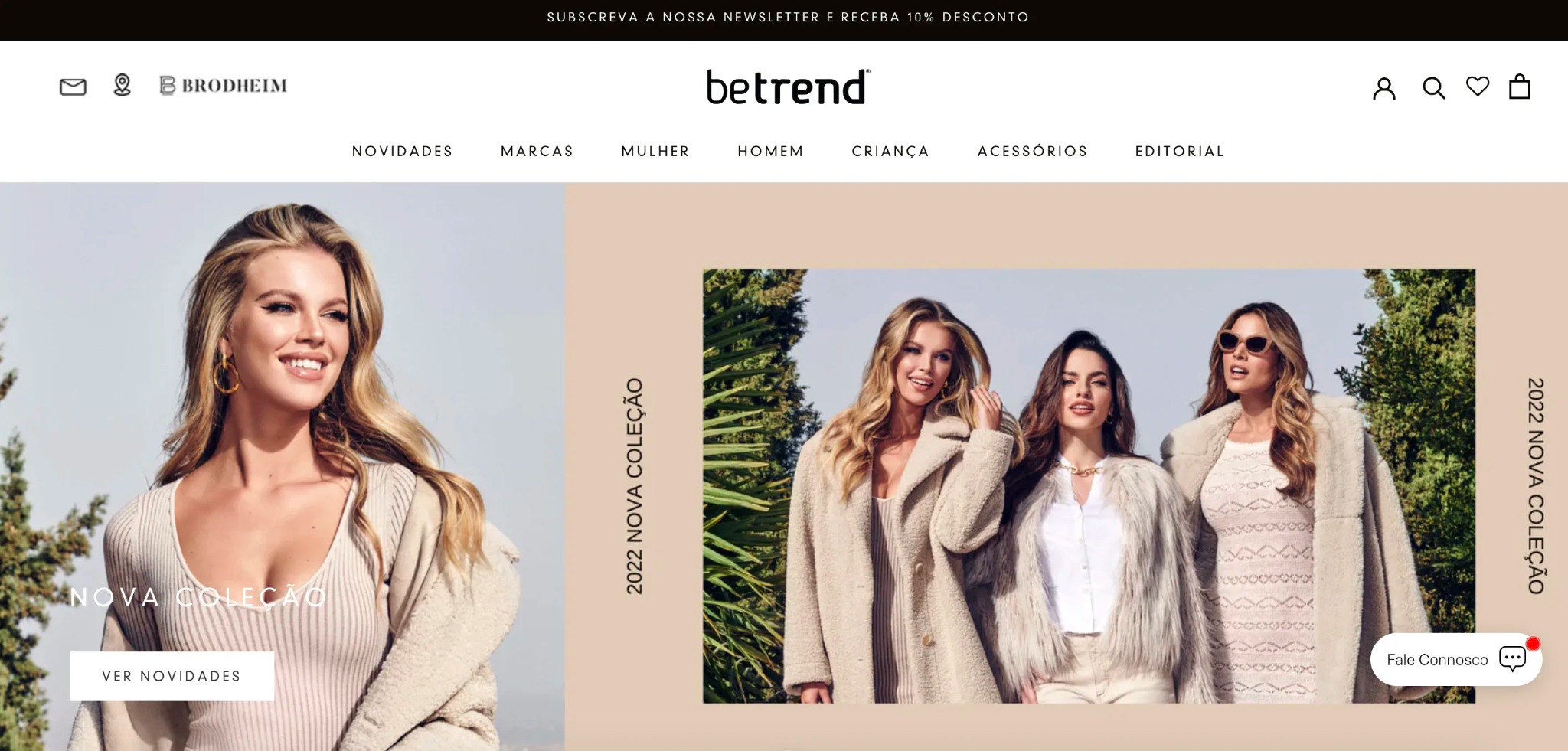 Baner reklamowy sklepu internetowego z modelkami prezentującymi nową kolekcję ubrań w odcieniach beżu i bieli na tle zieleni.