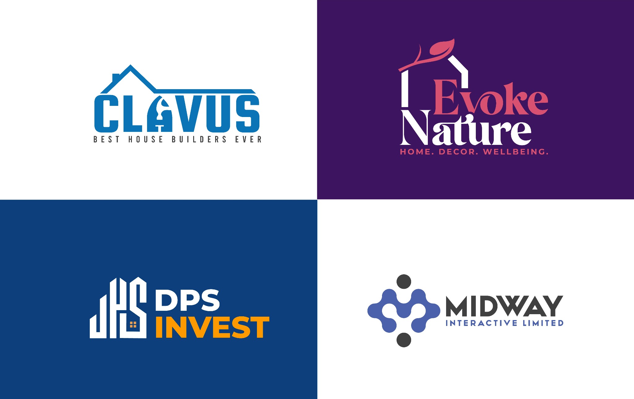 Kompozycja czterech różnych logo firm: budowlanej, wnętrzarskiej i dwóch interaktywnych, umieszczonych na białym tle.