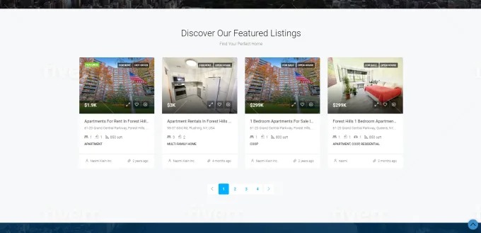 Prezentacja ofert wynajmu i sprzedaży apartamentów na stronie internetowej z filtrowaniem i paginacją.