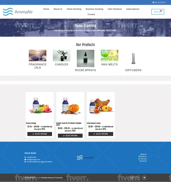 Układ strony internetowej AromaAir z produktami do aromaterapii, w tym olejkami zapachowymi, świecami i dyfuzorami, z nagłówkiem zawierającym logo i menu nawigacyjne.