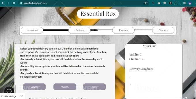 Zrzut ekranu strony internetowej Essential Box z widocznym procesem wyboru subskrypcji, koszykiem z dwoma dorosłymi i dwoma dziećmi oraz opcjami dostawy tygodniowej, miesięcznej i rocznej.