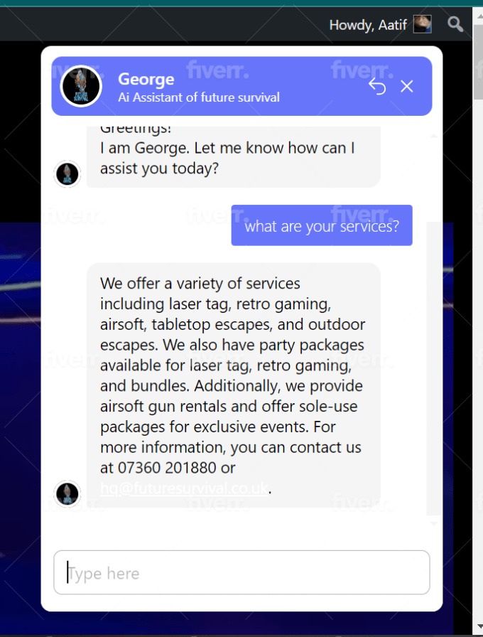 Chatbot 'George' on Fiverr offering services including laser tag, retro gaming, airsoft, and outdoor escapes, with contact information provided.