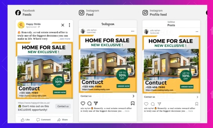 Zrzut ekranu przedstawiający trzy reklamy nieruchomości na platformach Facebook i Instagram, każda z wizualizacją nowoczesnego domu z basenem i napisem 'HOME FOR SALE NEW EXCLUSIVE!', wraz...