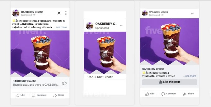 Zrzut ekranu reklamy Facebook firmy Oakberry Croatia prezentującej napój açaí w przezroczystym kubku z warstwami purpurowego açaí, brązowego masła orzechowego i świeżych owoców na wierzchu trzymany...