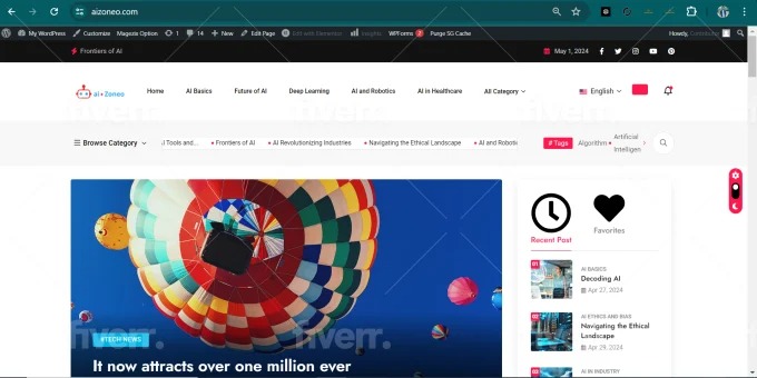 Zrzut ekranu strony internetowej z nagłówkiem 'ai+zoneo.com', menu nawigacyjnym i ilustracją balonu na gorące powietrze. Strona zawiera sekcję 'Recent Post' z miniaturami artykułów o sztucznej...