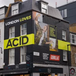 Czarna ściana budynku w Londynie z muralem reklamowym przedstawiającym osobę wyciskającą cytrynę, hasłem 'London Loves Acid' i logo firmy Gorillas, widoczne są także sąsiednie budynki o różnej...