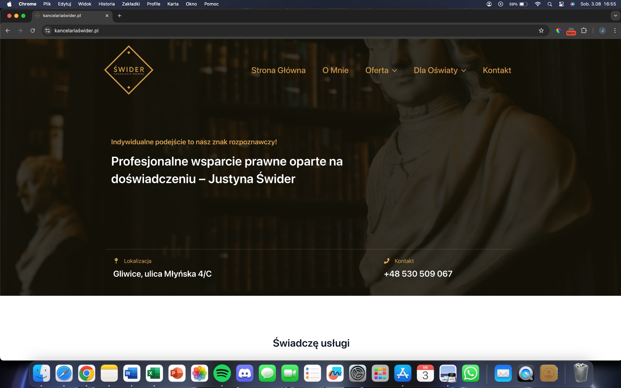 Strona internetowa kancelarii prawnej Świder, prezentująca logo, menu nawigacyjne, hasło reklamowe i dane kontaktowe, z rozmytym tłem przedstawiającym popiersie.