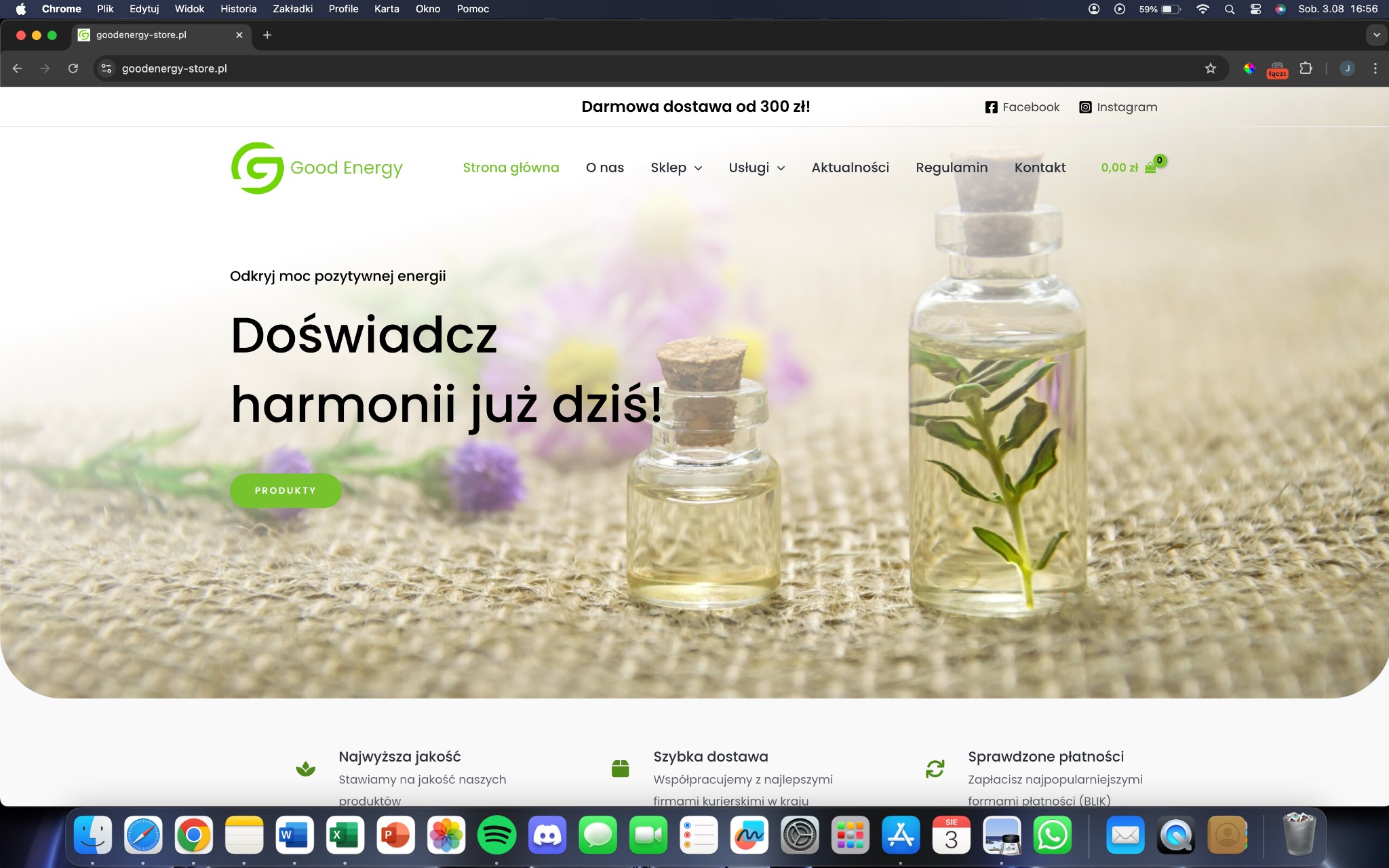 Zrzut ekranu strony internetowej sklepu 'Good Energy' z minimalistycznym designem, prezentującego dwie szklane buteleczki z naturalnymi olejkami na tle rozmytych kwiatów i jutowej tkaniny.