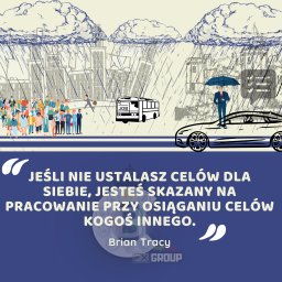 Sebastian Kołuda - Samurai Service - Grafika: deszcz nad miastem, ludzie w autobusie 'JOB', biznesmen z parasolem i cytat o celach Briana Tracy, sugerująca planowanie kariery i finansów.
