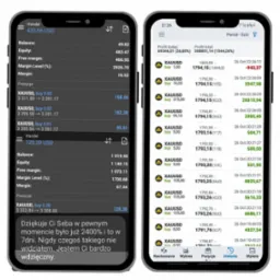 Ekrany smartfonów z aplikacją finansową: wykresy, statystyki, transakcje XAUUSD. Widoczne zyski i komentarz wdzięcznego klienta. Inwestycje i doradztwo finansowe.