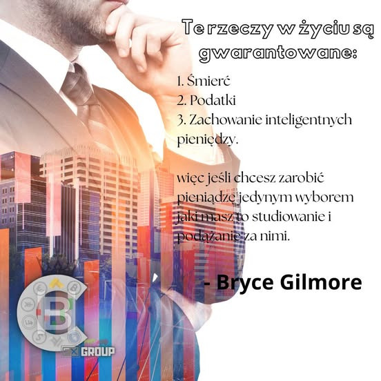 Grafika z mężczyzną w garniturze nałożonym na budynki i wykresy. Tekst o gwarantowanych rzeczach w życiu: śmierć, podatki, inteligentne pieniądze. Logo firmy.