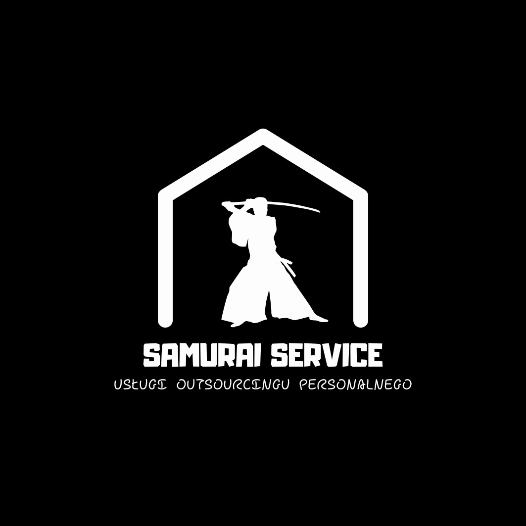 Logo Samurai Service z sylwetką samuraja w białym konturze domu na czarnym tle, oferujące usługi outsourcingu personalnego.