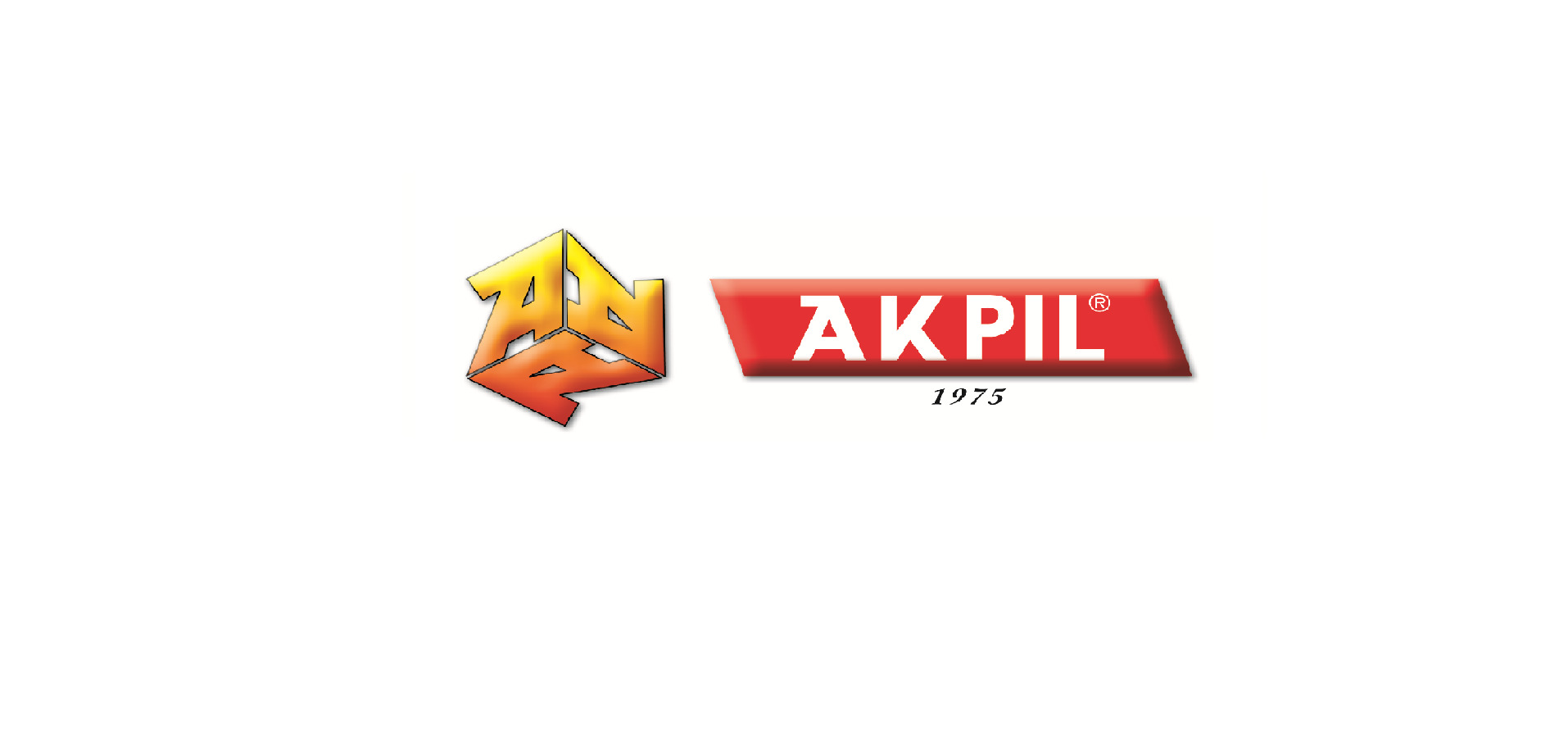 Logo firmy AKPIL z 1975 roku, przedstawiające abstrakcyjny symbol w odcieniach żółci i pomarańczy oraz nazwę firmy w czerwonym prostokącie.