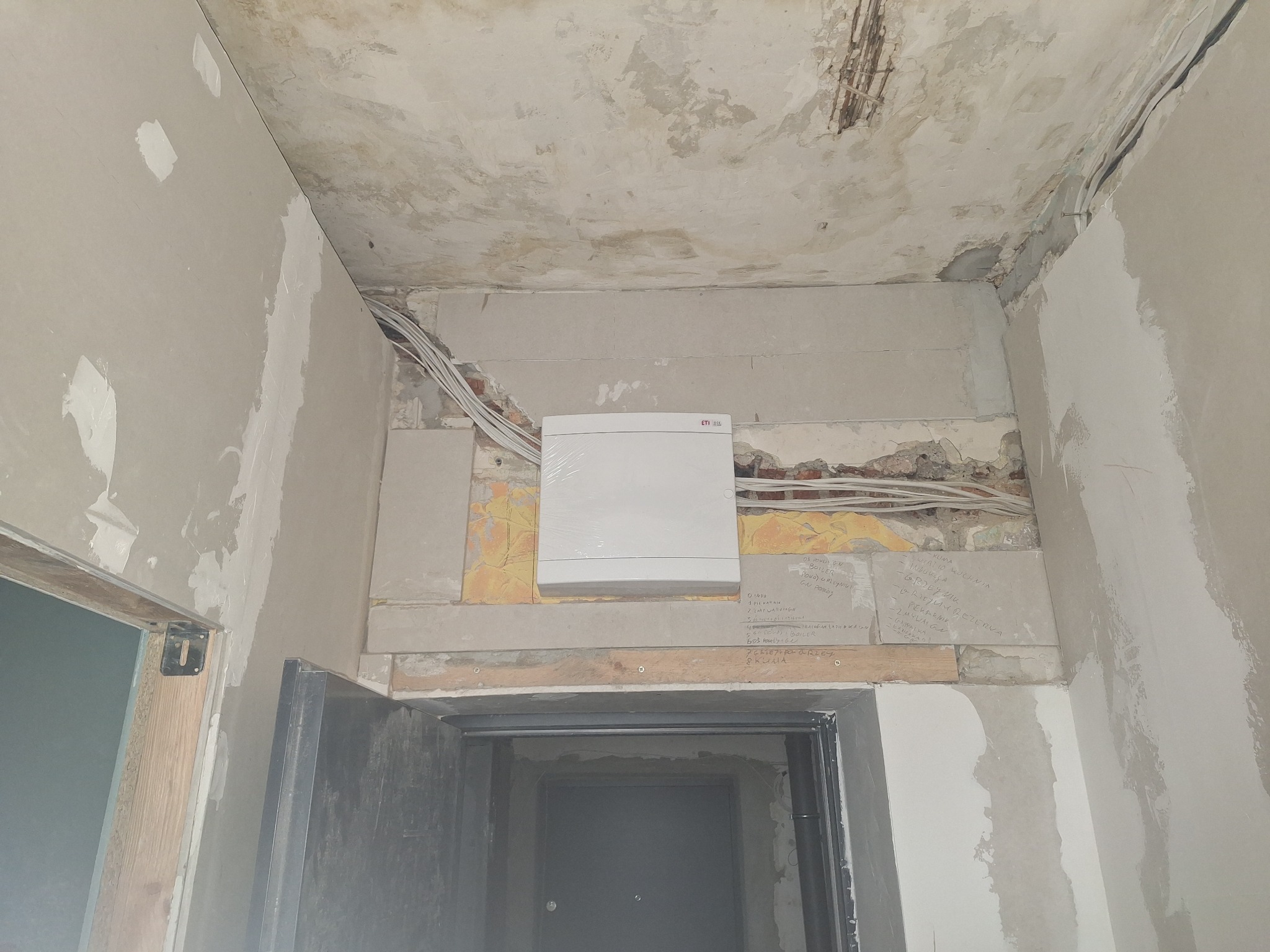 Nowa, biała skrzynka elektryczna w folii ochronnej, zamontowana na ścianie w trakcie remontu. Widoczne kable i fragmenty niezabezpieczonej ściany.