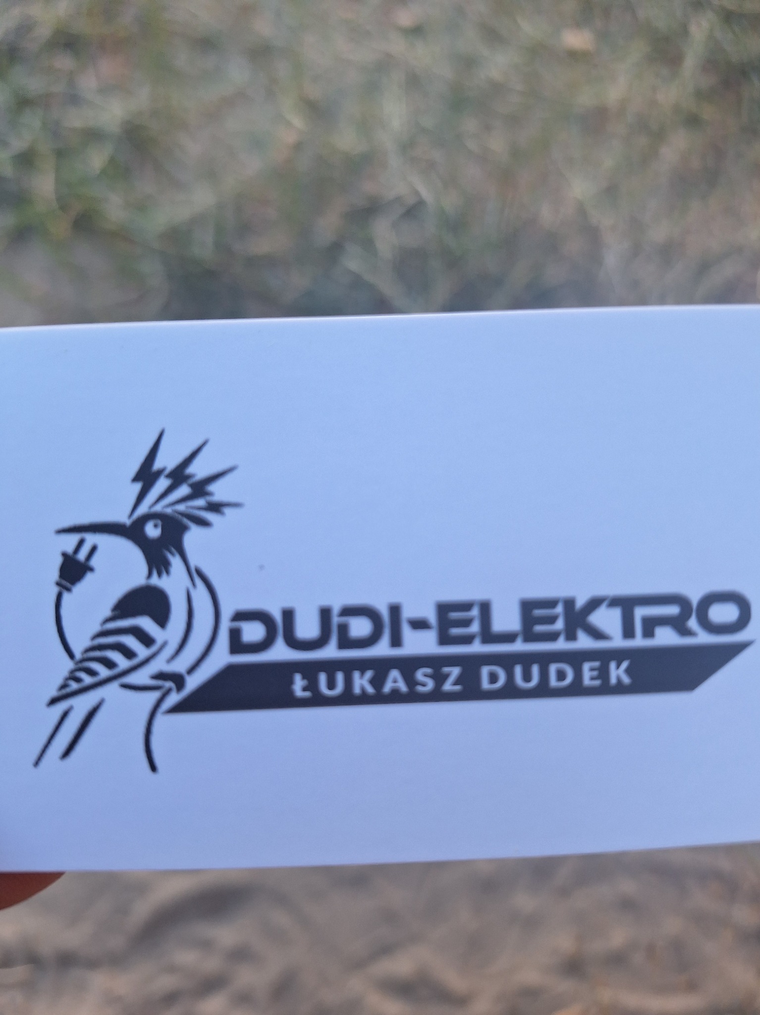 Wizytówka firmy Dudi-Elektro Łukasz Dudek z logotypem ptaka trzymającego w dziobie wtyczkę, na tle rozmytej zieleni i piasku.
