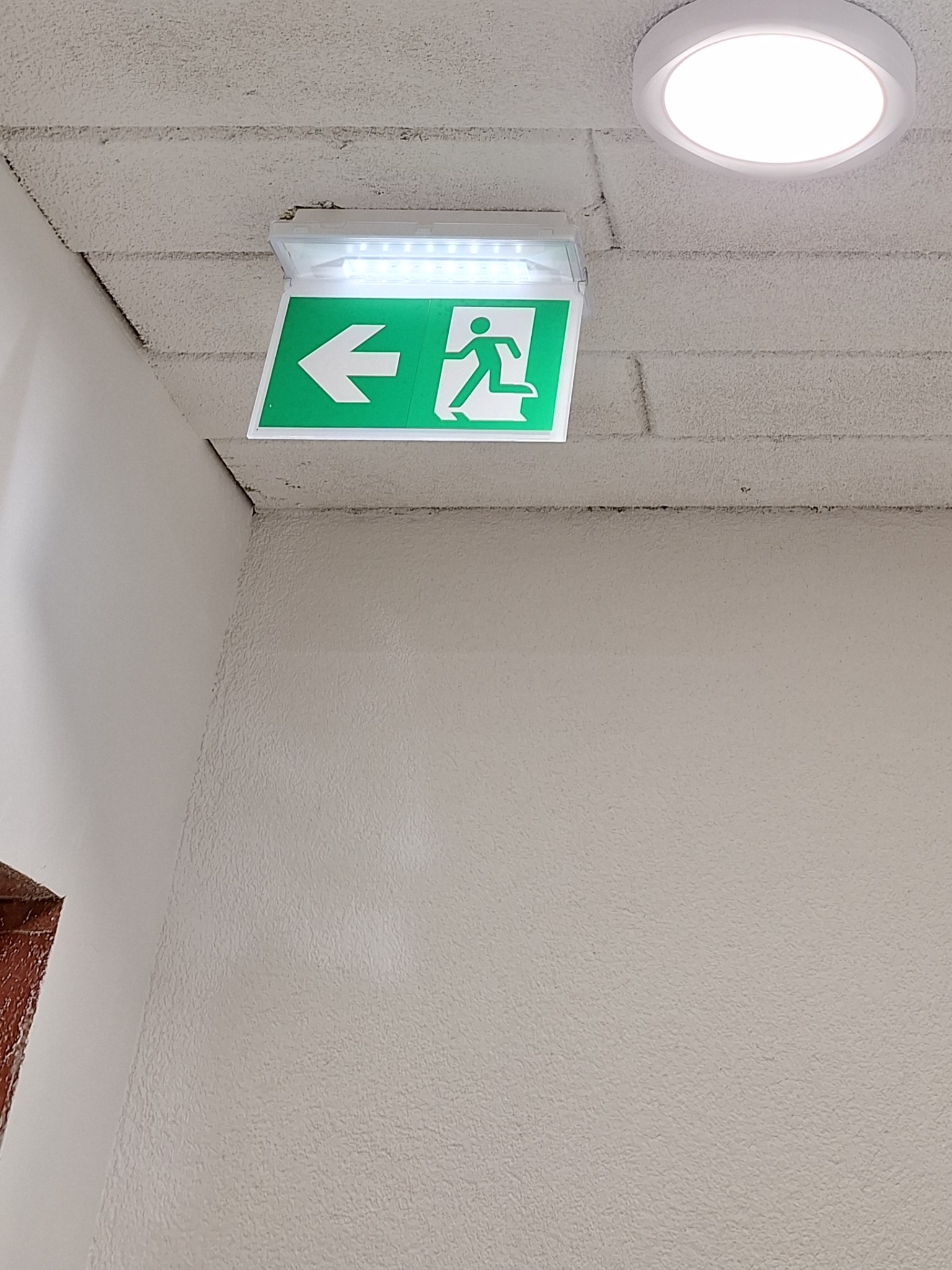 Zamontowany, podświetlany znak ewakuacyjny ze strzałką w lewo i piktogramem biegnącej osoby, umieszczony na suficie w korytarzu. Widoczna również okrągła lampa sufitowa.