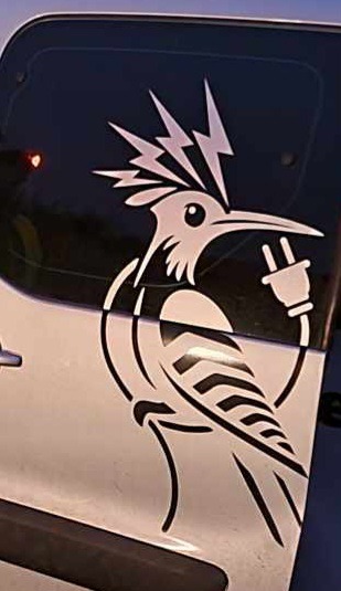 Naklejka na samochodzie: stylizowany dudek z wtyczką w ręku i piorunami na głowie, symbolizujący elektrykę.