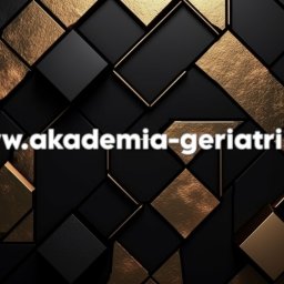 Mariola Szlęk - Akademia Geriatrii - Abstrakcyjne tło z czarnych i złotych kwadratów 3D, nałożony biały adres strony internetowej akademia-geriatrii.pl.