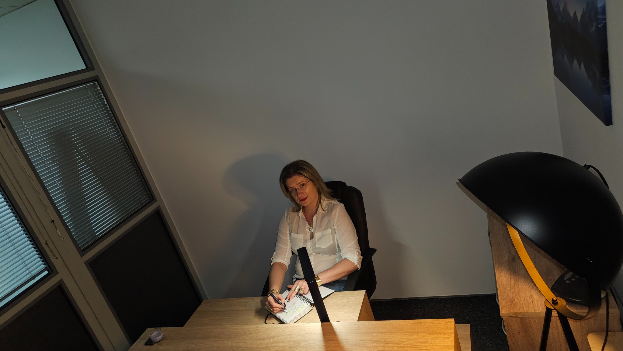 Kobieta w okularach, siedząca przy biurku w Krakowie, robi notatki w notesie, oświetlona lampą. Widoczne okno z żaluzjami i obraz na ścianie.