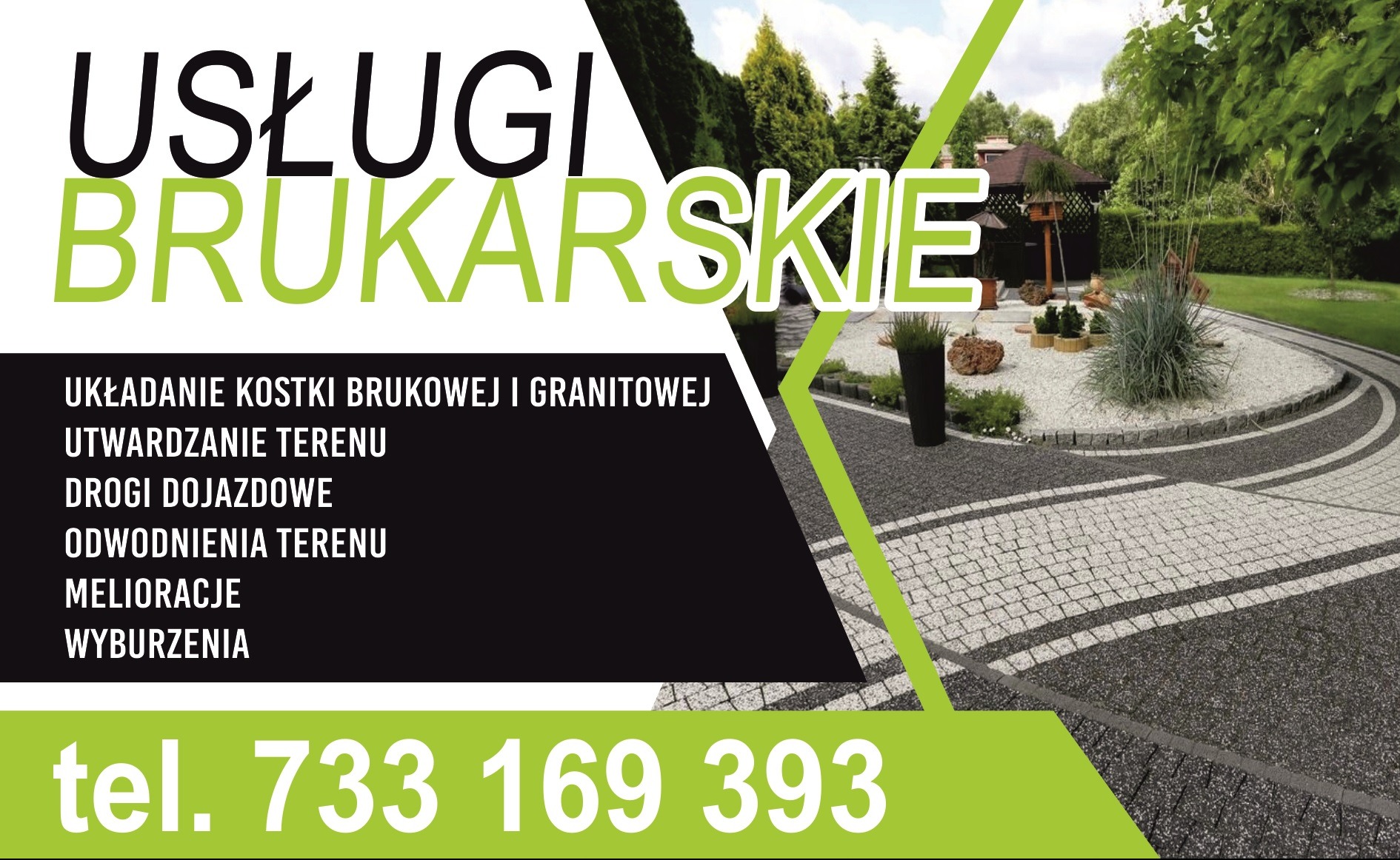 Reklama firmy brukarskiej: ścieżka z kostki brukowej w ogrodzie z altaną i dekoracyjnym żwirem.