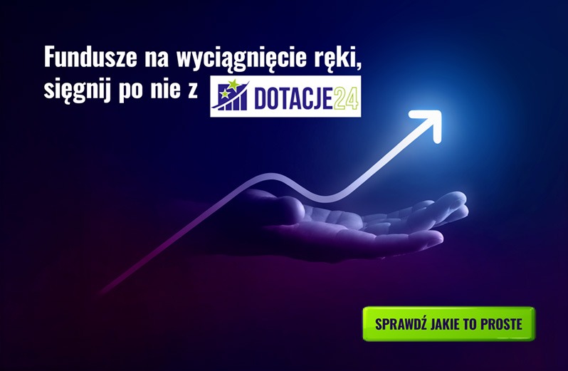 Stylizowana dłoń zarysowana na fioletowo-niebieskim tle, z białym wykresem wzrostu zakończonym strzałką, logo Dotacje24 i napis 'Fundusze na wyciągnięcie ręki, sięgnij po nie z Dotacje24'...