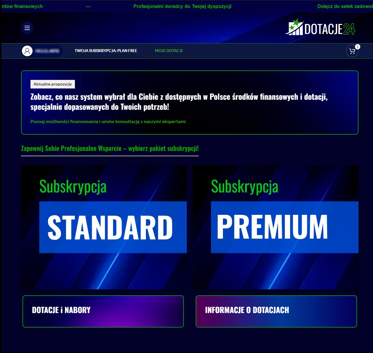 Strona internetowa z ofertą subskrypcji Standard i Premium na dotacje, z logotypem Dotacje24 w prawym górnym rogu.