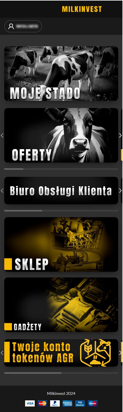 Strona internetowa firmy Milkinvest z karuzelą banerów: stado krów, oferta, biuro obsługi klienta, sklep z wózkiem pełnym produktów rolnych i gadżety.