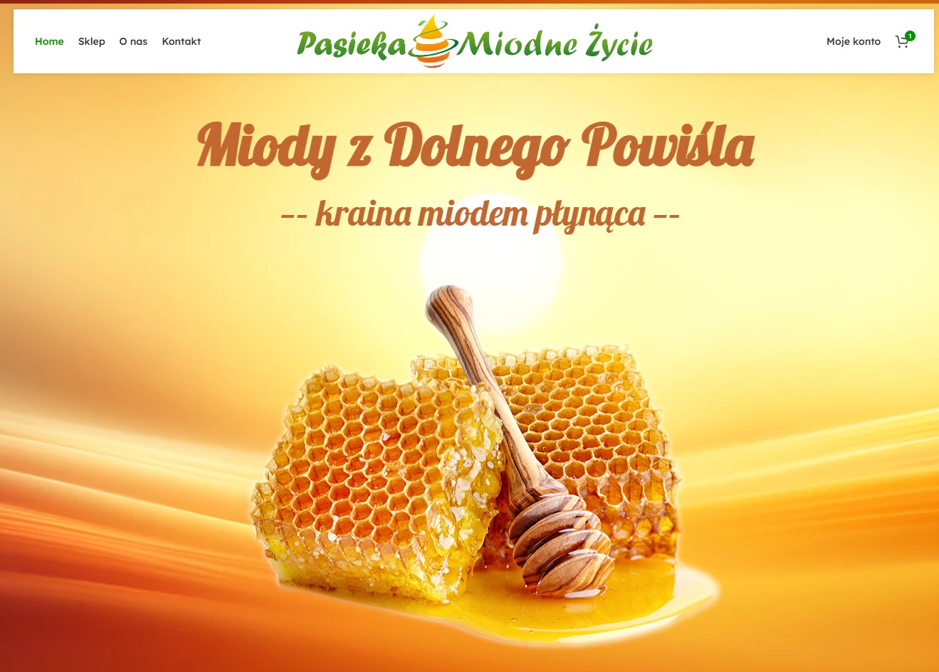Fragment strony internetowej z grafiką plastrów miodu i drewnianą łyżką do miodu na pomarańczowym tle, promująca miody z Dolnego Powiśla.