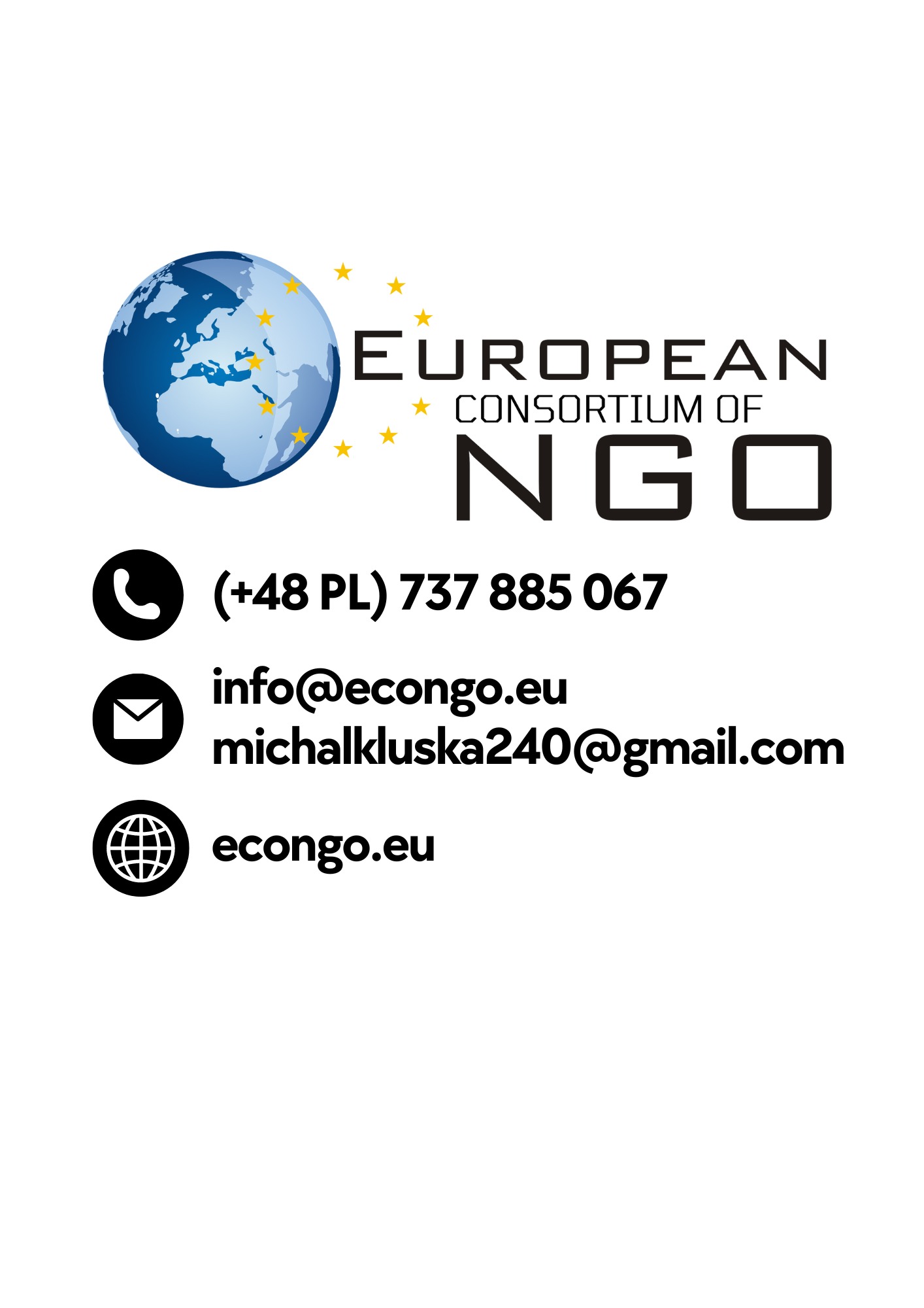 Logo organizacji European Consortium of NGO z globusem, gwiazdami, numerem telefonu, adresami email i stroną internetową econgo.eu