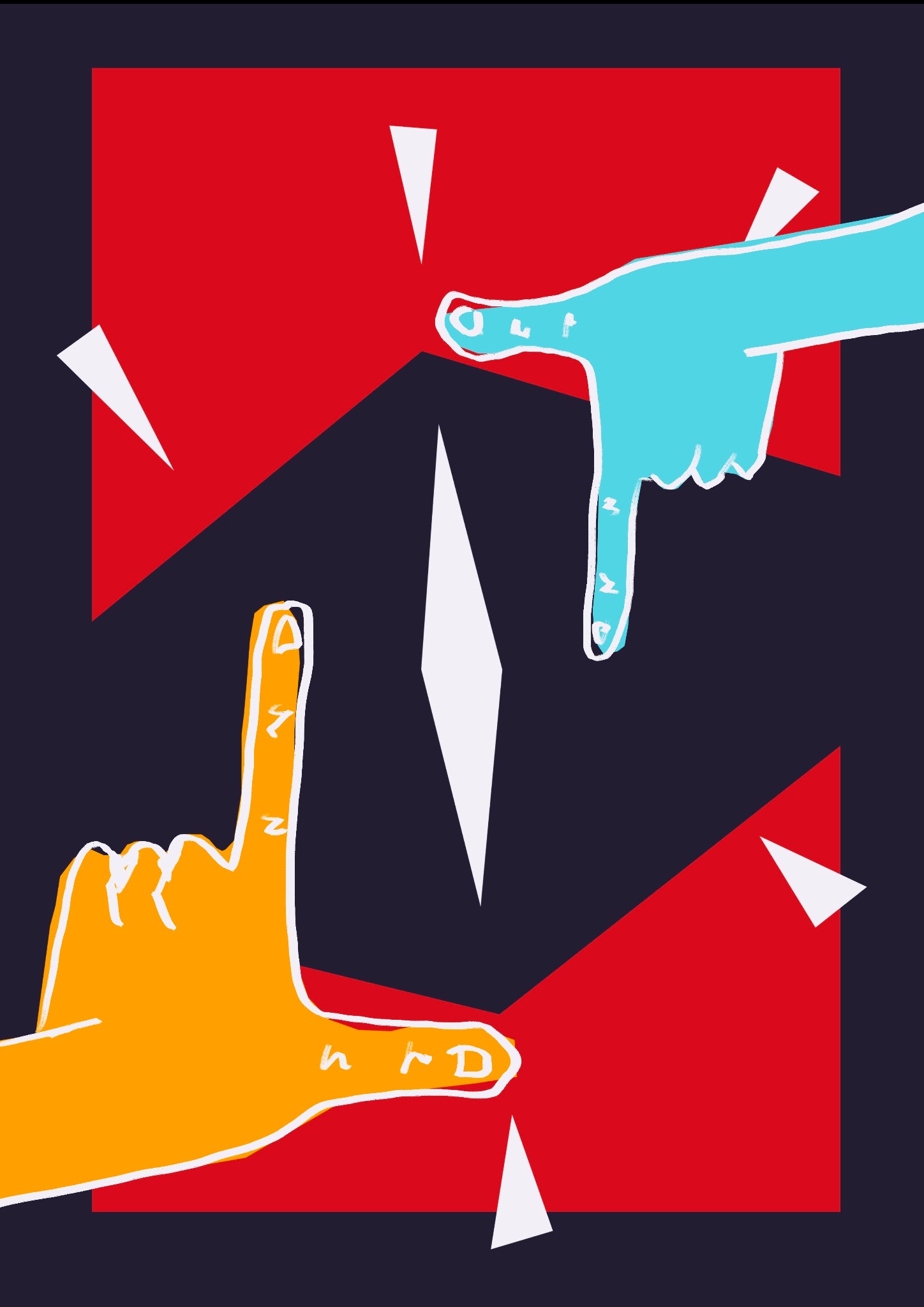 Abstrakcyjna grafika komputerowa z dłońmi w kolorach żółtym i niebieskim, tworzącymi ramkę na czerwonym tle w Jarocinie.