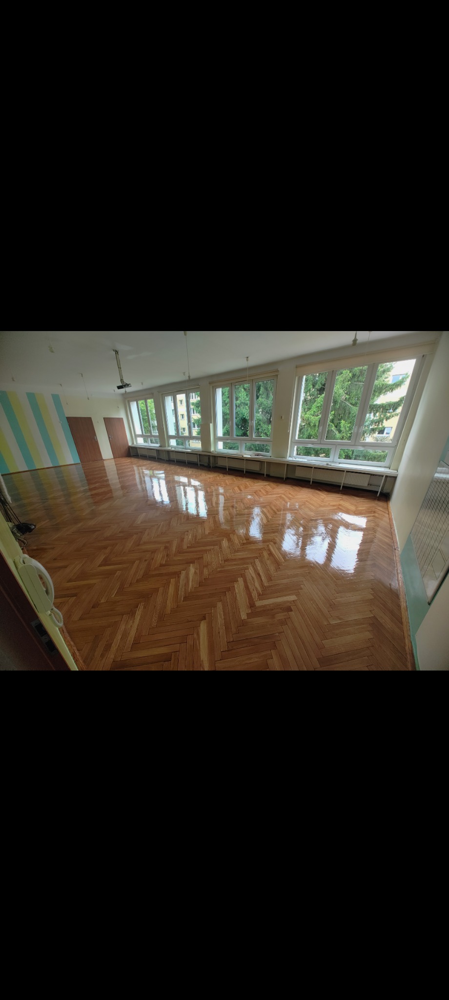 Wnętrze przestronnego pokoju z parkietem ułożonym w jodełkę, po renowacji z widocznym połyskiem, jasne ściany z oknami na zieleń.