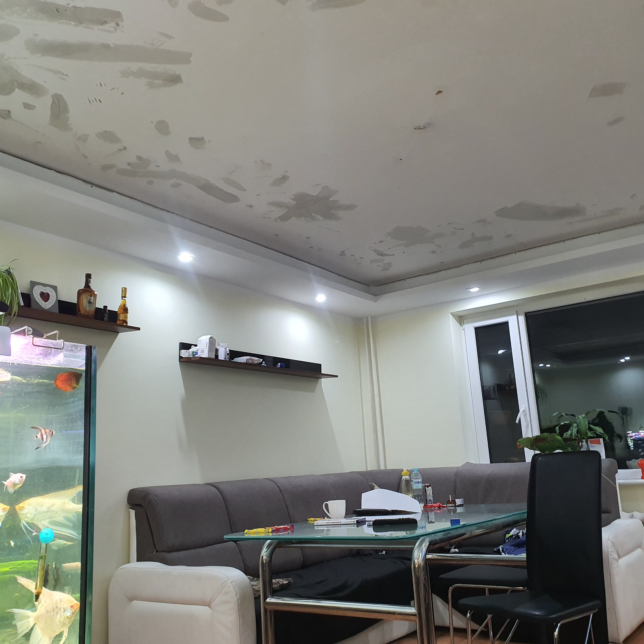 Niedokończone gładzie na suficie w pokoju z akwarium, widoczne plamy i nierówności, w tle meble i okno.
