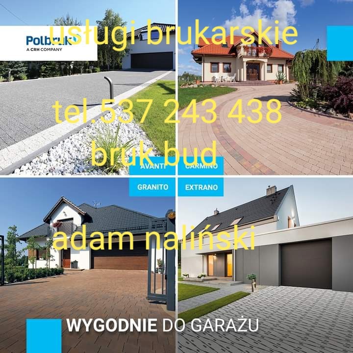 Kompozycja czterech zdjęć prezentujących różne aranżacje podjazdów i chodników z kostki brukowej przed domami, z widocznymi elementami architektury i zieleni, z naniesionymi napisami reklamowymi...