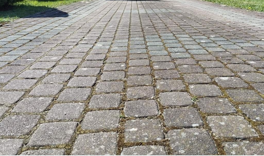 Szara kostka brukowa z widocznym mchem i zabrudzeniami w spoinach, ułożona na podjeździe. Perspektywa z dołu do góry.