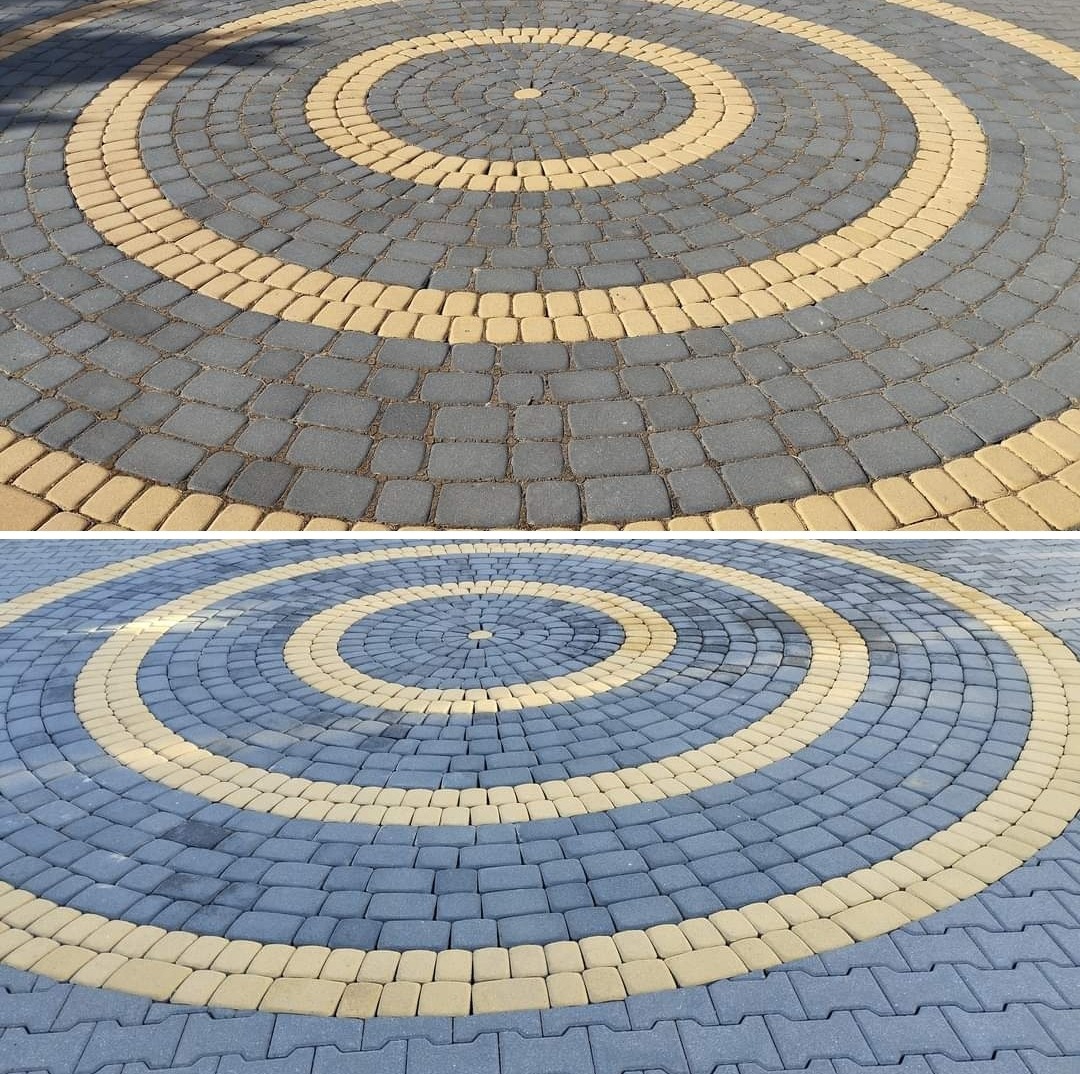 Dwa ujęcia okrągłego wzoru z kostki brukowej w odcieniach szarości i beżu, ułożonego spiralnie.