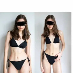 Kolaż: sylwetka modelki w czarnym bikini, prezentująca zmiany przed i po, na tle białej ściany.
