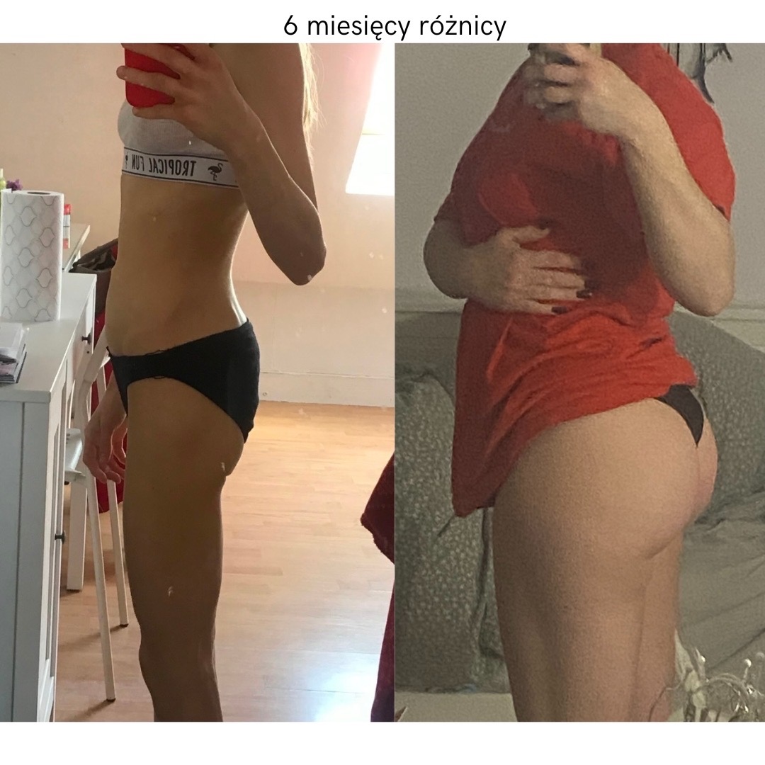 Zdjęcie porównawcze sylwetki kobiety: po lewej stronie figura przed, po prawej po 6 miesiącach, widoczne zmiany w talii i pośladkach, tło stanowią pomieszczenia mieszkalne.