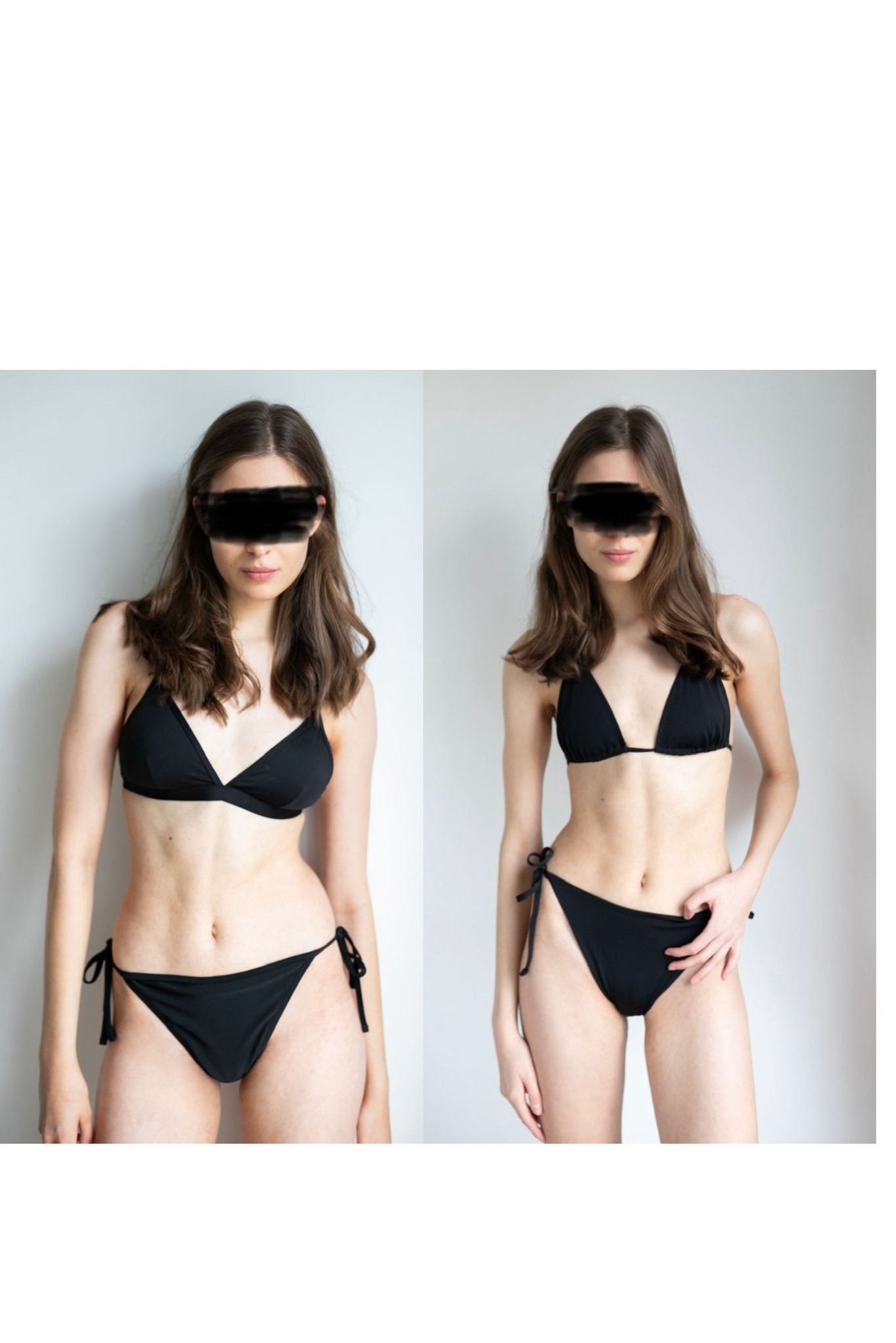 Kolaż: sylwetka modelki w czarnym bikini, prezentująca zmiany przed i po, na tle białej ściany.