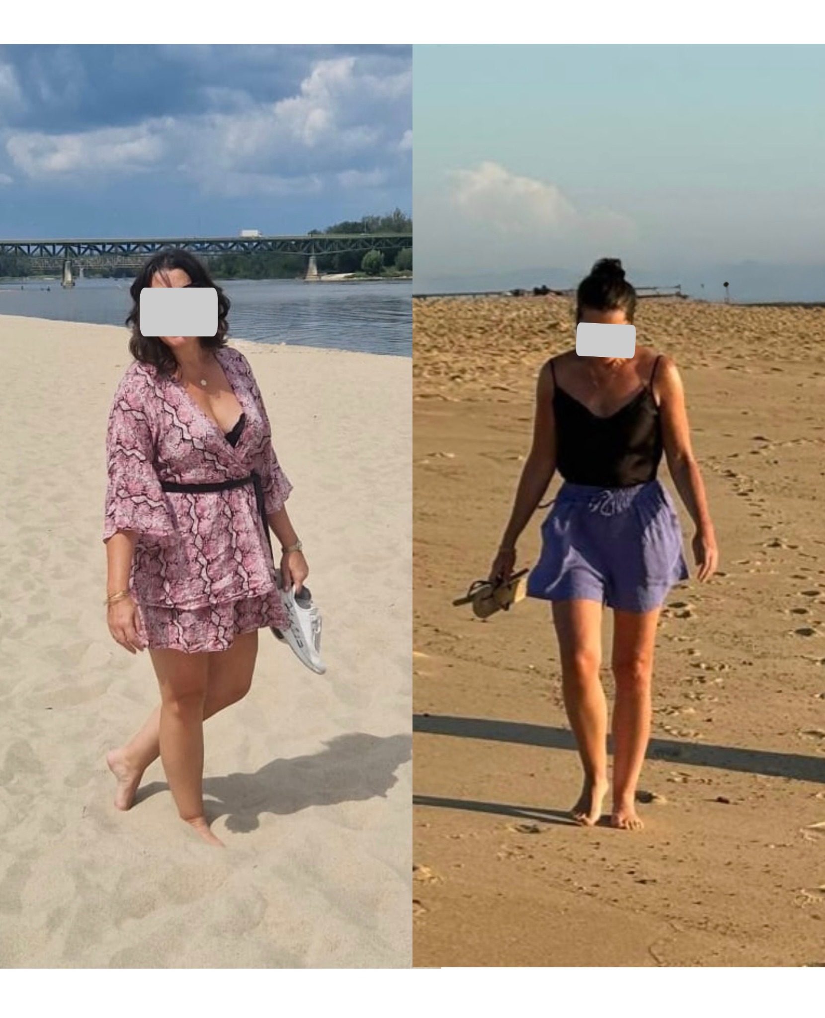 Zdjęcie typu 'przed i po' przedstawia kobietę na plaży. Po lewej stronie w sukience, po prawej w sportowym stroju. W tle widoczny most i woda.