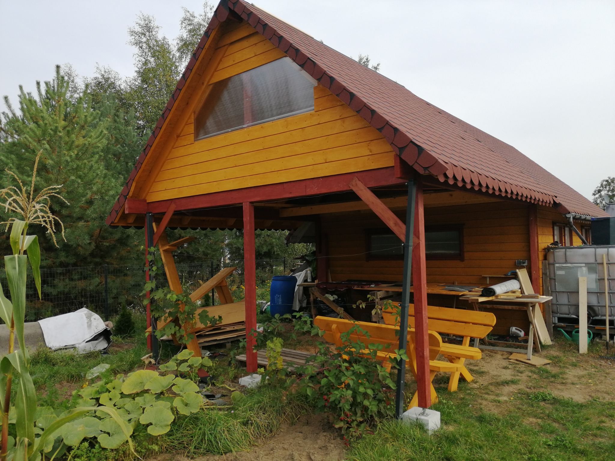 Drewniana altana z żółtymi deskami i czerwoną konstrukcją wsporczą, z widocznymi elementami wyposażenia i roślinnością w otoczeniu, częściowo w trakcie budowy lub remontu.