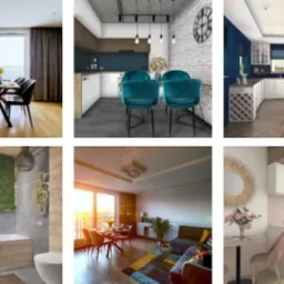 Różnorodne aranżacje wnętrz: salon z telewizorem i marmurową ścianą, jadalnia z drewnianym stołem, kuchnia z turkusowymi krzesłami barowymi, kuchnia z białymi szafkami i złotymi akcentami, kuchnia...