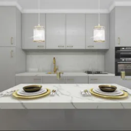 Elegancka kuchnia w odcieniach szarości z marmurowym blatem, złotymi akcentami w postaci baterii i dekoracyjnych lamp wiszących nad wyspą, nakryty stół dla dwóch osób.