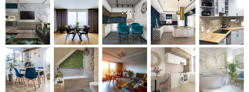 Różnorodne aranżacje wnętrz: salon z telewizorem i marmurową ścianą, jadalnia z drewnianym stołem, kuchnia z turkusowymi krzesłami barowymi, kuchnia z białymi szafkami i złotymi akcentami, kuchnia...