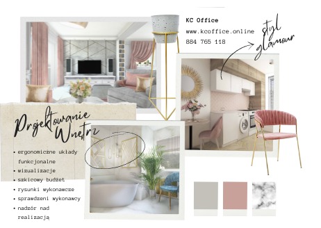 Moodboard z wizualizacjami wnętrz w stylu glamour, prezentujący salon z telewizorem, kuchnię z różowymi akcentami i łazienkę z wanną, uzupełniony o paletę kolorów i dane kontaktowe firmy KC Office.