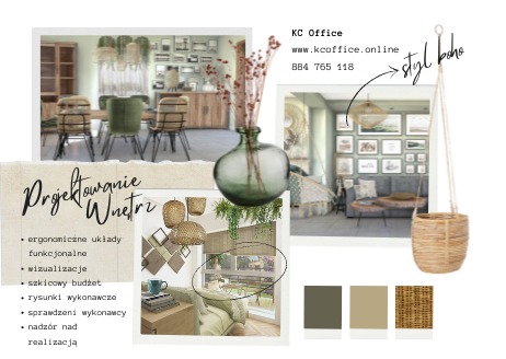 Kolaż prezentujący koncepcję wnętrz w stylu boho, z wizualizacjami salonu i jadalni, paletą kolorów ziemi i elementami dekoracyjnymi z naturalnych materiałów, takimi jak rattanowe lampy i wiszący...