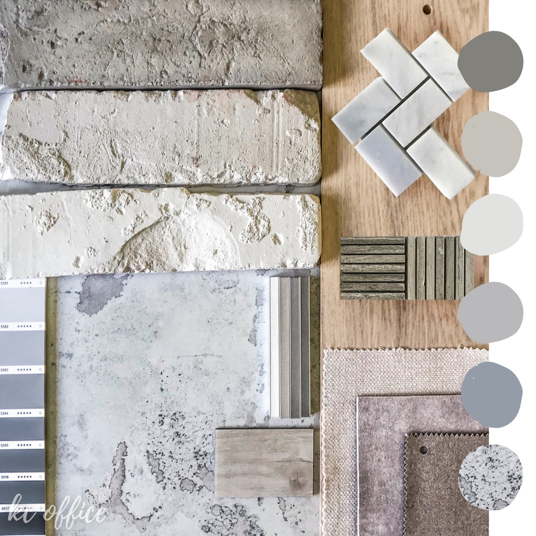 Paleta materiałów wykończeniowych w odcieniach szarości i beżu: cegła, płytki marmurowe ułożone w jodełkę, drewno, tkaniny o różnej fakturze oraz próbnik kolorów.