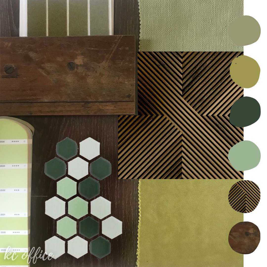 Paleta materiałów wykończeniowych i kolorów: próbki tkanin w odcieniach zieleni, drewno rustykalne, heksagonalne płytki w zieleni i bieli, panel dekoracyjny z drewnianych listewek, karta z próbkami...