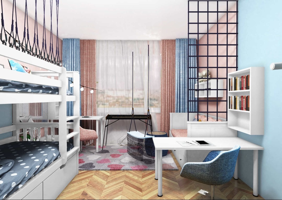 Pokój dziecięcy w Zabrzu z łóżkiem piętrowym z wiszącymi linami, biurkiem, krzesłem i pianinem, utrzymany w pastelowych kolorach z drewnianą podłogą w jodełkę.