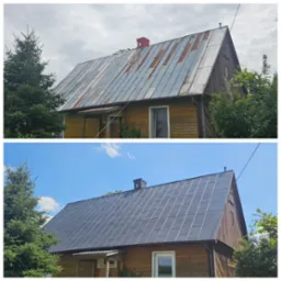 Porównanie stanu dachu przed i po renowacji: zardzewiała blacha kontra nowa, ciemnoszara powłoka, widoczne zmiany w kolorze komina i otoczenia.