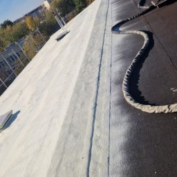 Z.U.A EKTOR - Płaski dach pokryty częściowo jasną pianą izolacyjną, z widocznymi kominami wentylacyjnymi i budynkami w tle, pod błękitnym niebem.